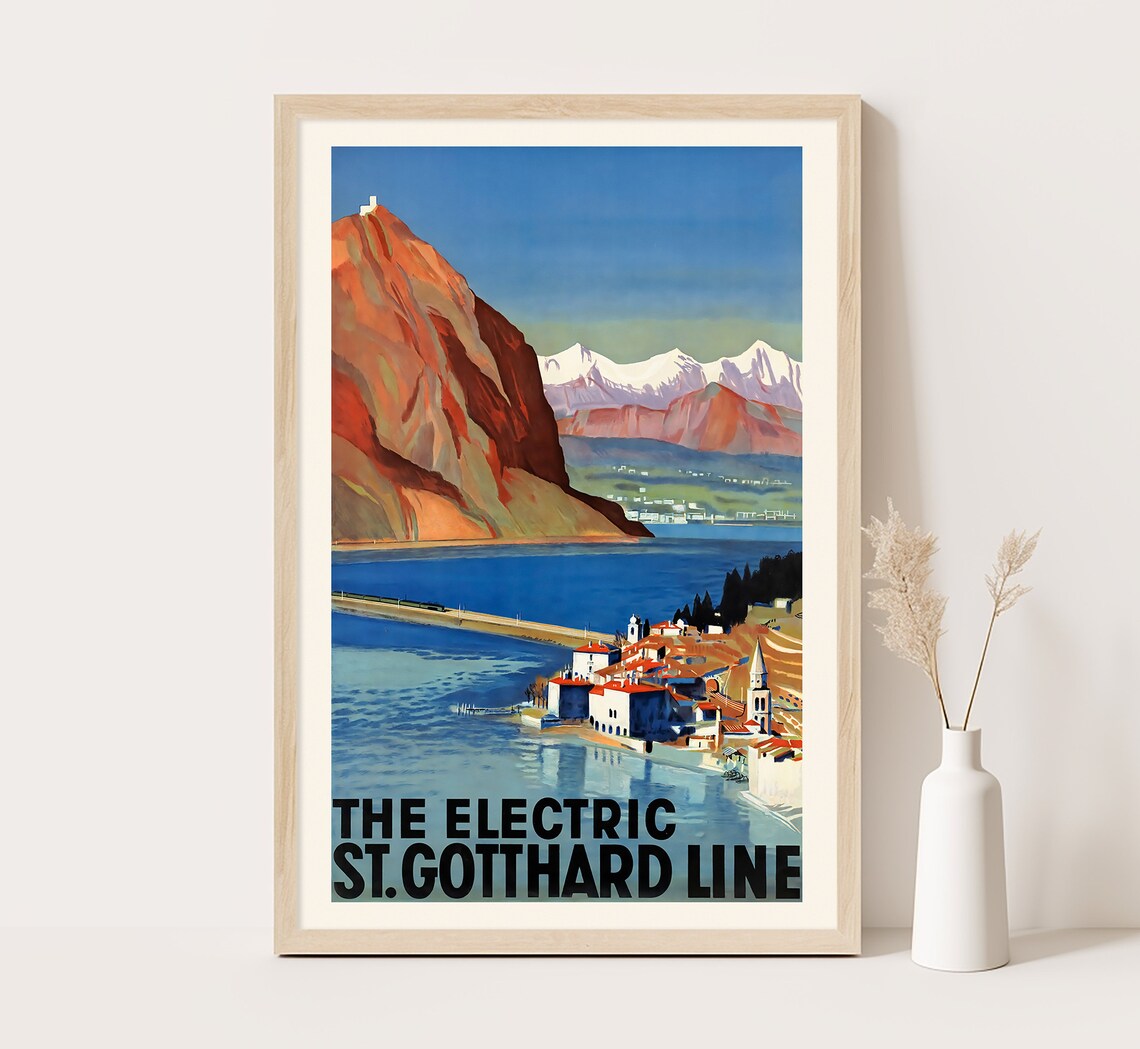 St Gotthard Line Lake Village Red Cliff Vintage Rail Travel Poster