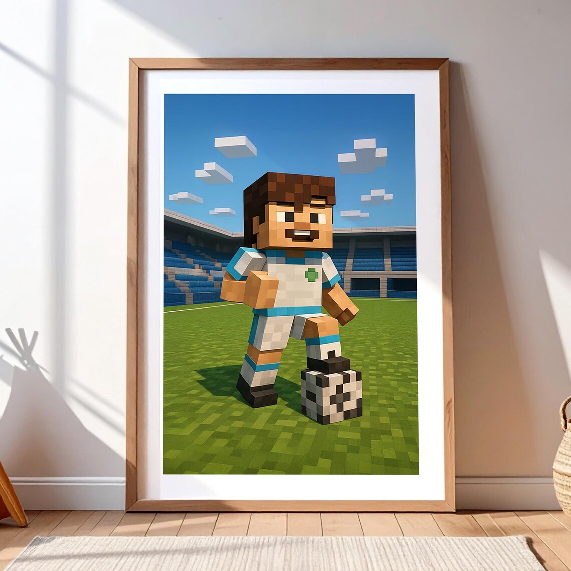 Blocky Style Football Player With Soccer Ball Stadium Kids Poster