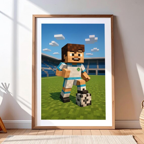 Blocky Style Football Player With Soccer Ball Stadium Kids Poster