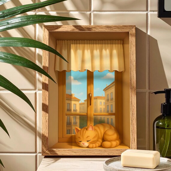 Sleeping Orange Tabby Cat 3D Window Box Cozy Street View Cute Art Poster