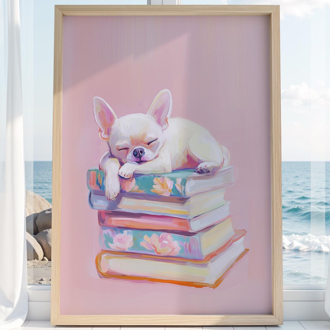 Sleeping Chihuahua On Books Poster Cute Dog Lover Pink Floral Reading Decor Art