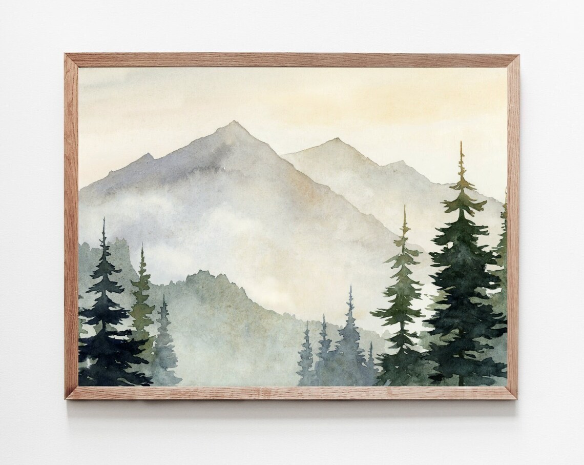 Sunrise Mountain Watercolor Art Print, Pine Tree Forest