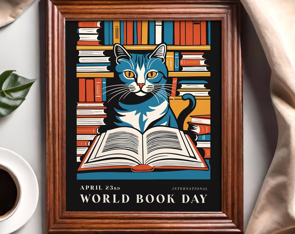 World Book Day Blue Cat Reading Library Bookshelf Art Poster