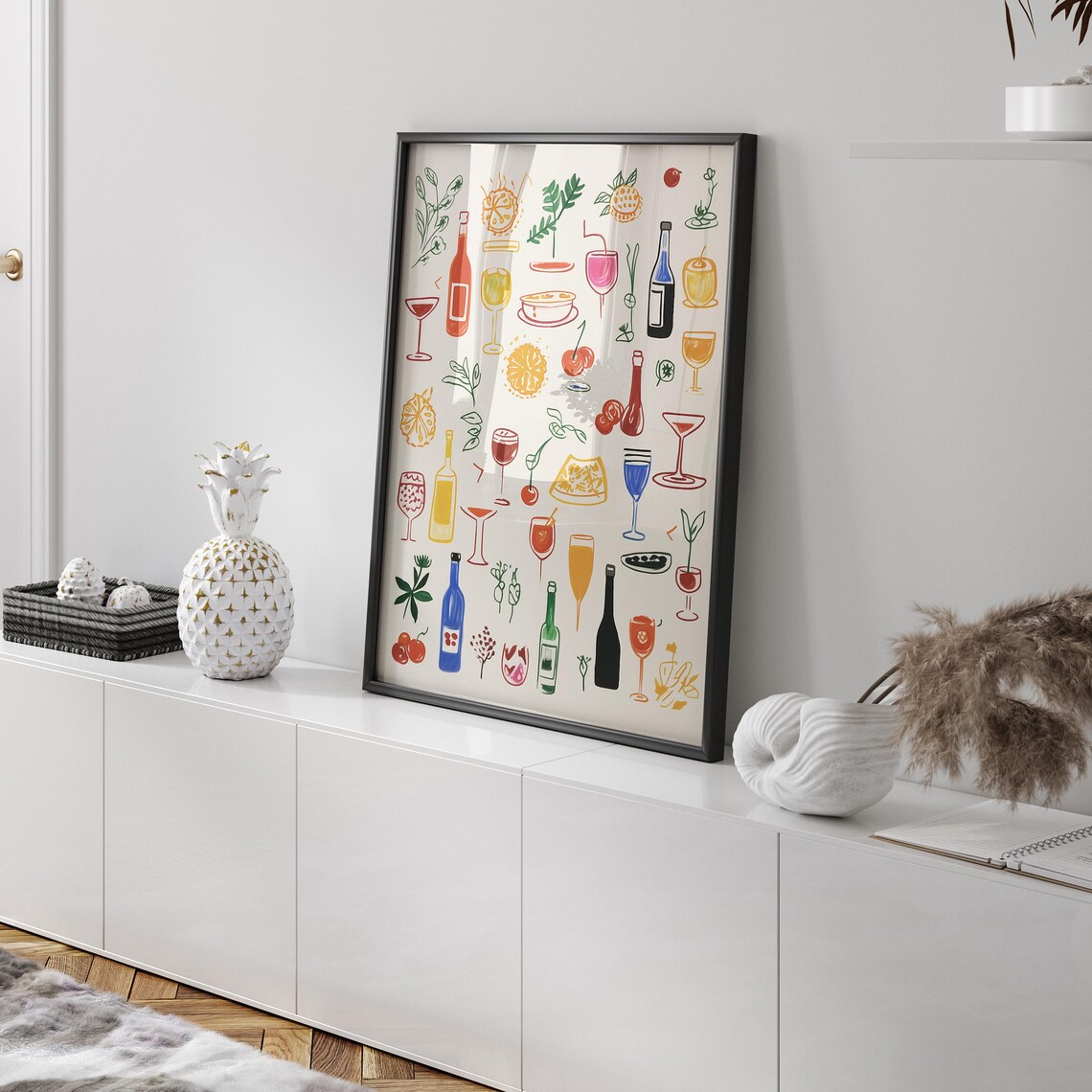 Colorful Hand-Drawn Cocktails and Bottles Fun Bar Cart Art Poster - Image 3