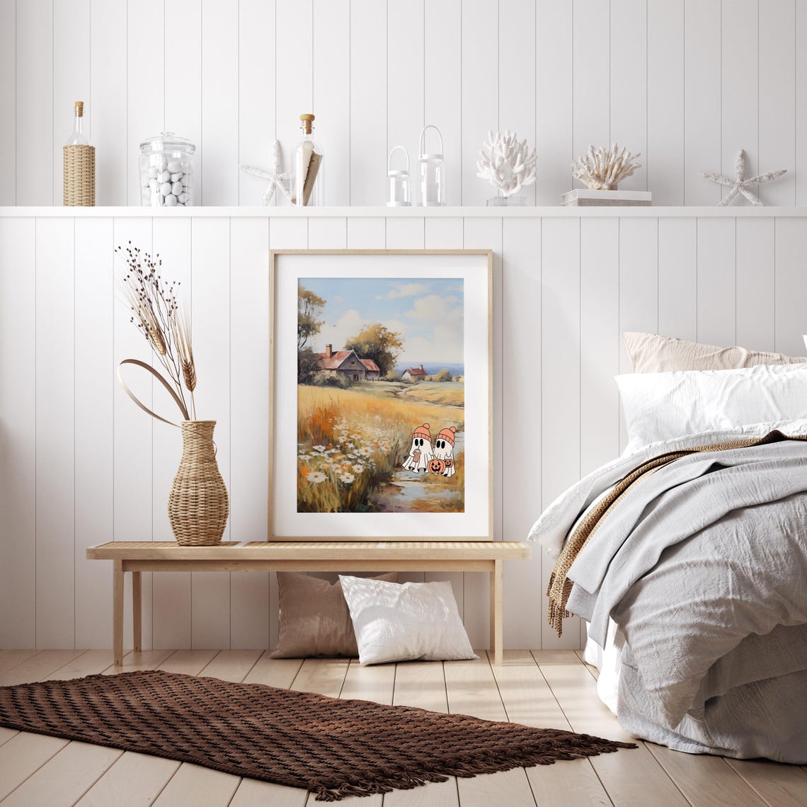 Two Cute Ghosts At An Autumn Farmhouse With Daisies Fall Poster - Image 2