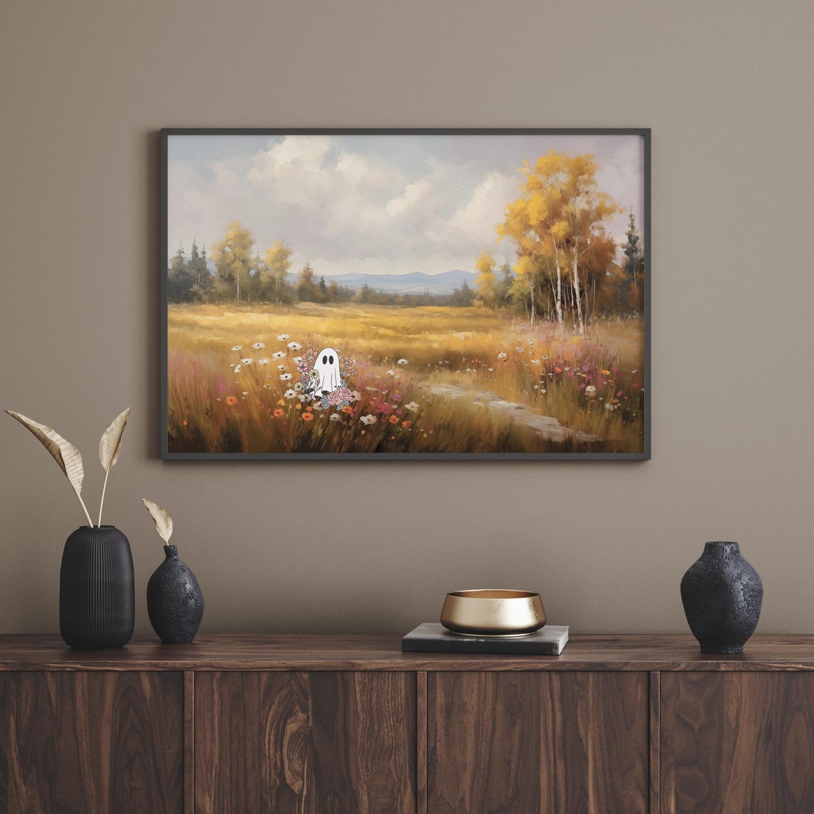 Cute Ghost In A Golden Wildflower Meadow On An Autumn Day Poster - Image 4