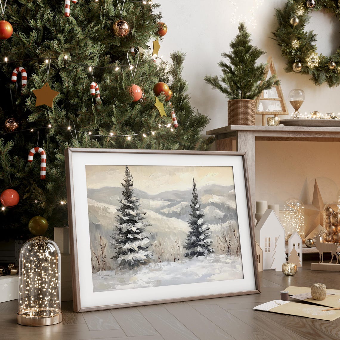Two Snowy Evergreens Mountain Backdrop Winter Painting Poster - Image 4