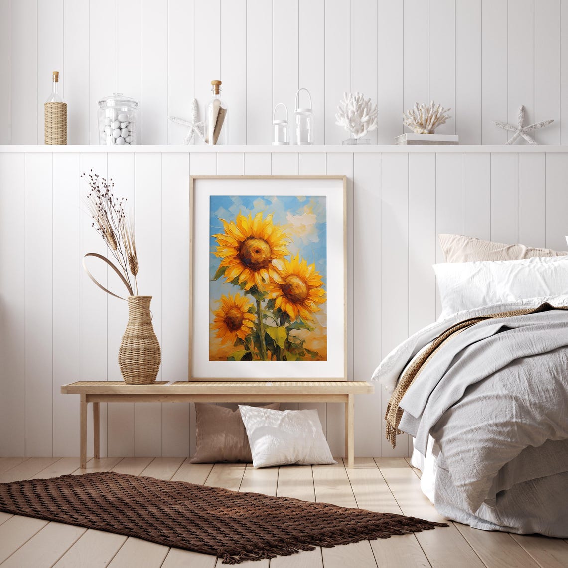 Three Golden Sunflowers Against A Bright Blue Sky Floral Poster - Image 4
