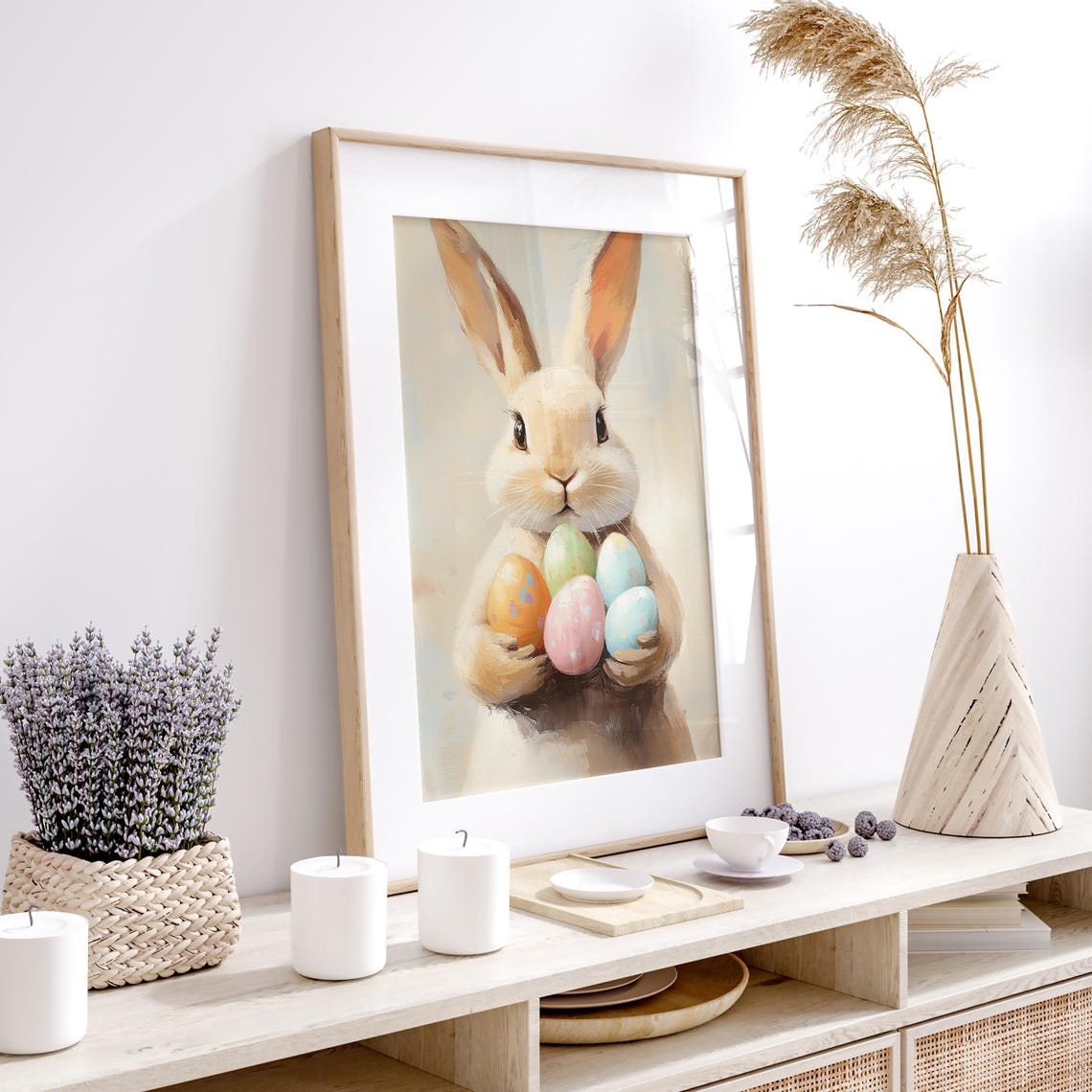 Bunny Holding Pastel Easter Eggs Cute Spring Portrait Poster - Image 3