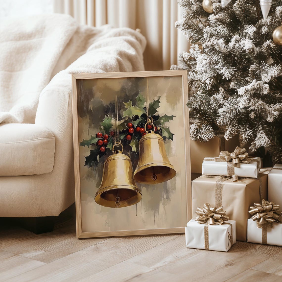 Brass Christmas Bells with Holly Berries Vintage Holiday Poster - Image 4