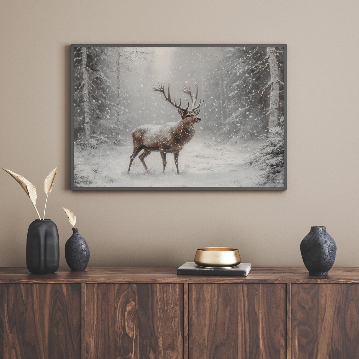 Stag In Snowy Forest Misty Winter Wildlife Oil Painting Poster - Image 2