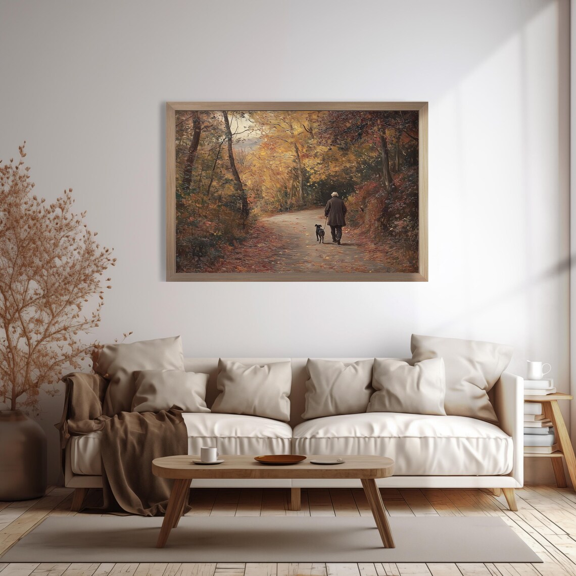 Old Man Walking His Dog Down an Autumn Forest Road Painting Poster - Image 2
