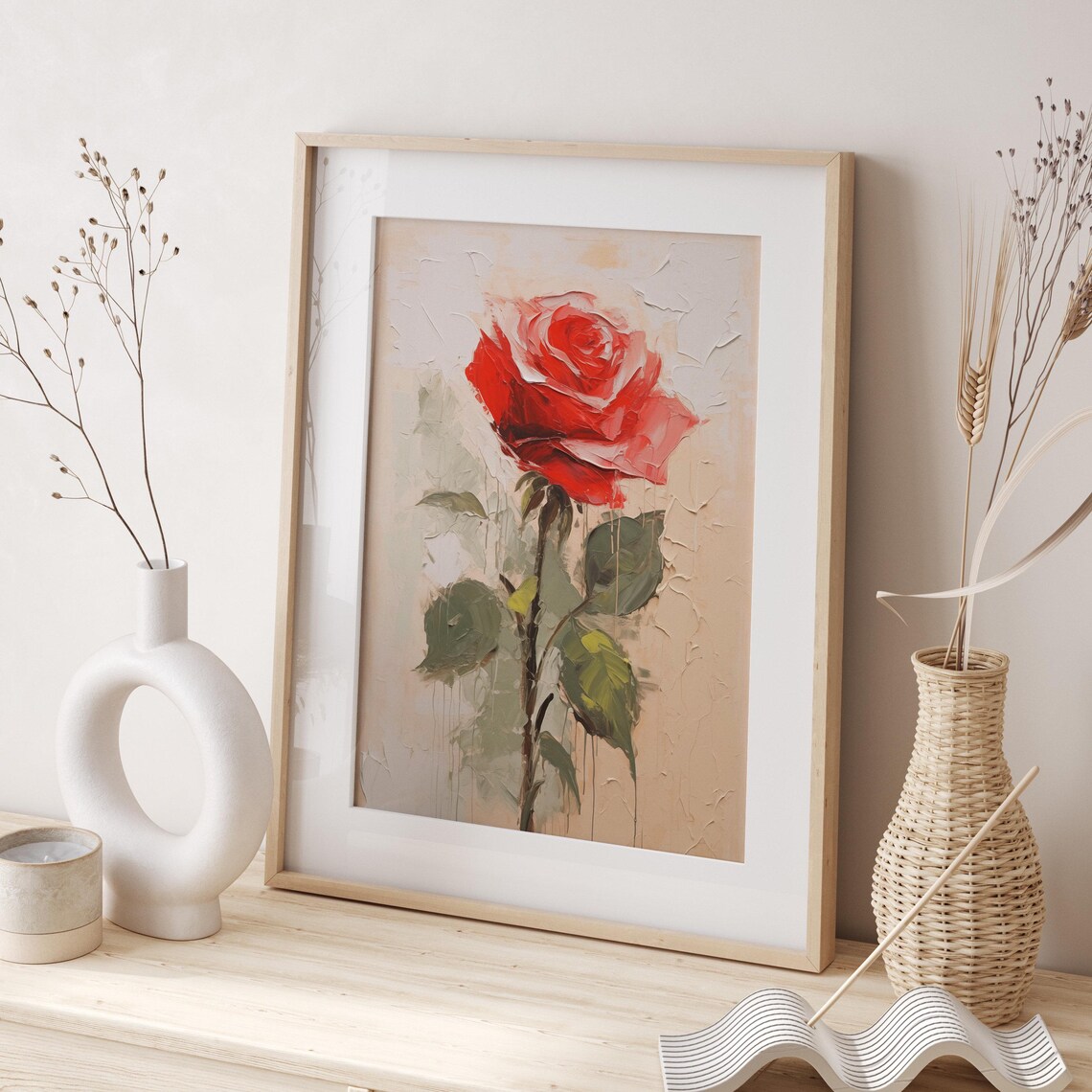 Red Rose Bloom in Bold Impasto Oil Painting Romantic Floral Poster - Image 2