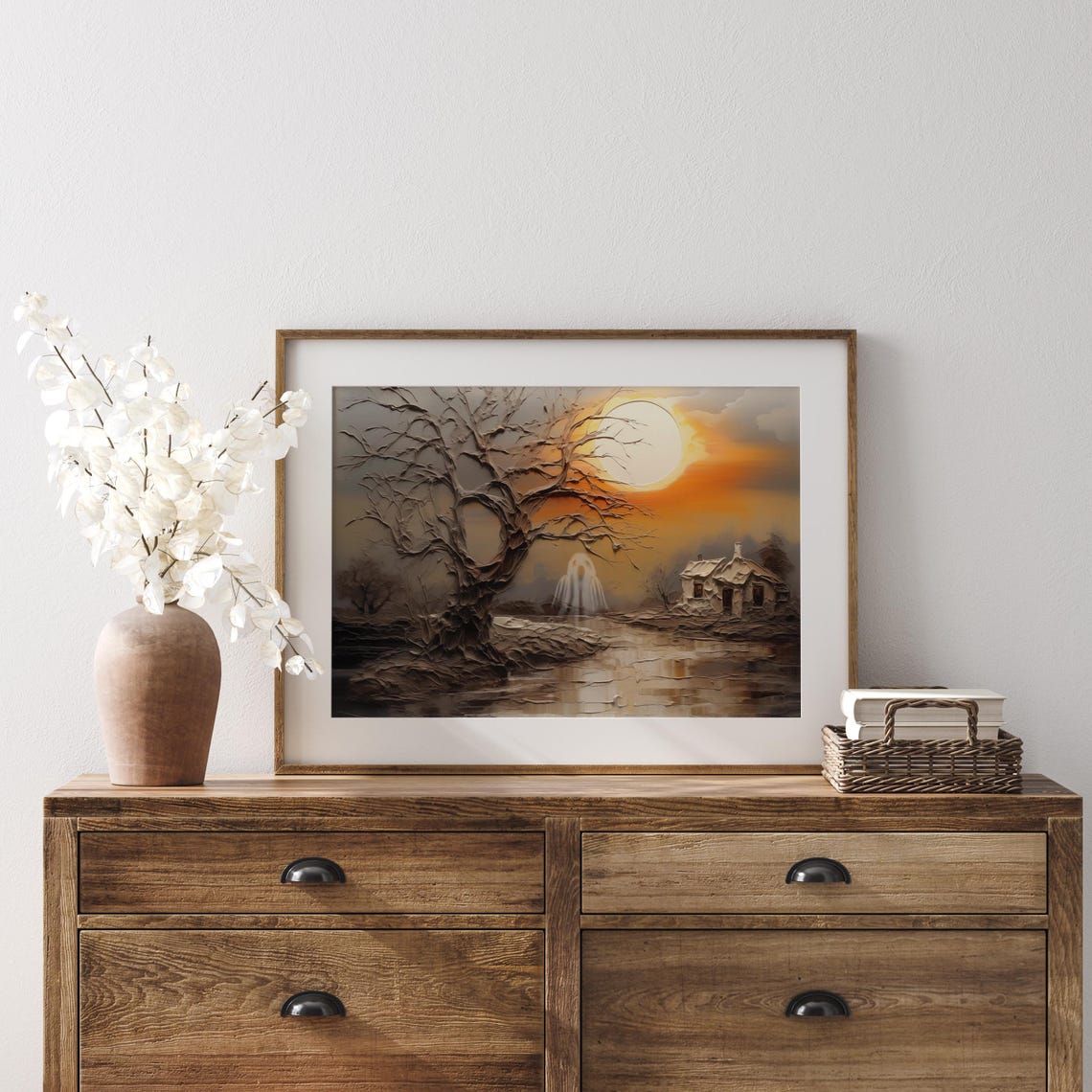 Haunted Cottage At Sunset With A Ghost Under A Full Moon Poster - Image 2