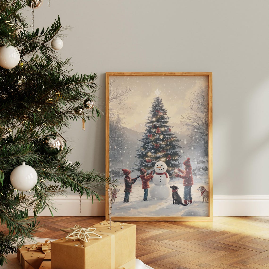 Children Building Snowman with Decorated Christmas Tree Poster - Image 4