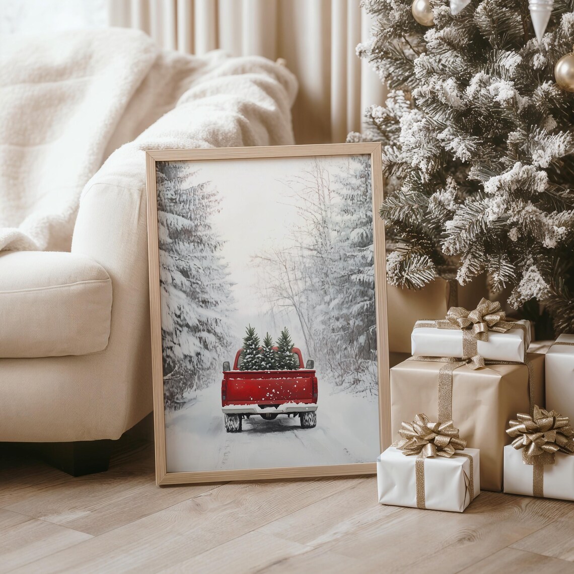 Red Vintage Pickup Truck Carrying Christmas Trees Snowy Road Poster - Image 3