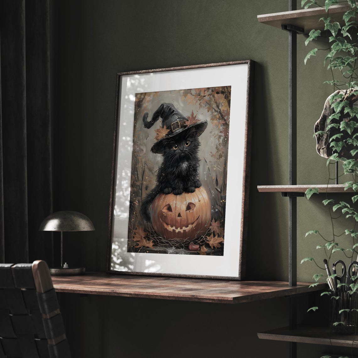 Black Kitten In A Witch Hat Sitting On A Jack-O-Lantern Poster - Image 4
