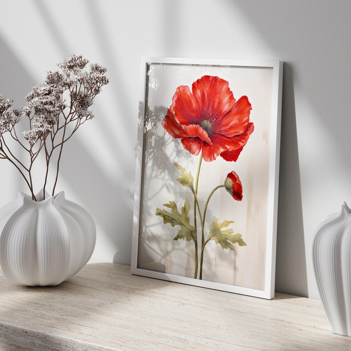 Red Poppy Bloom Botanical Oil Painting on Cream Background Poster - Image 2