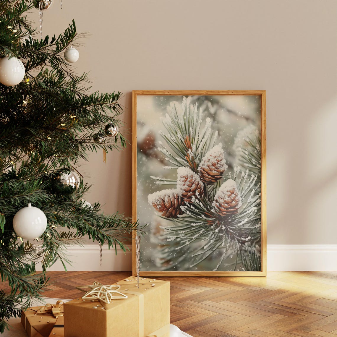 Snow Dusted Pinecones on Frosted Branch Closeup Winter Poster - Image 2