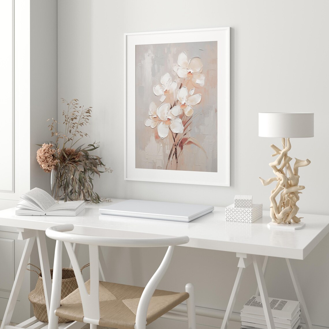 White Orchid Blooms in Soft Beige Textured Impasto Floral Poster - Image 2