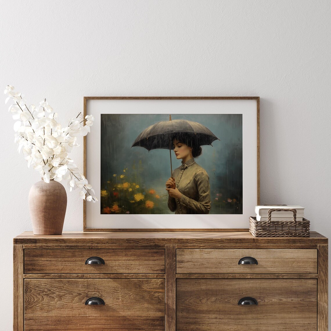Woman With An Umbrella In The Rain Vintage Oil Portrait Poster - Image 3