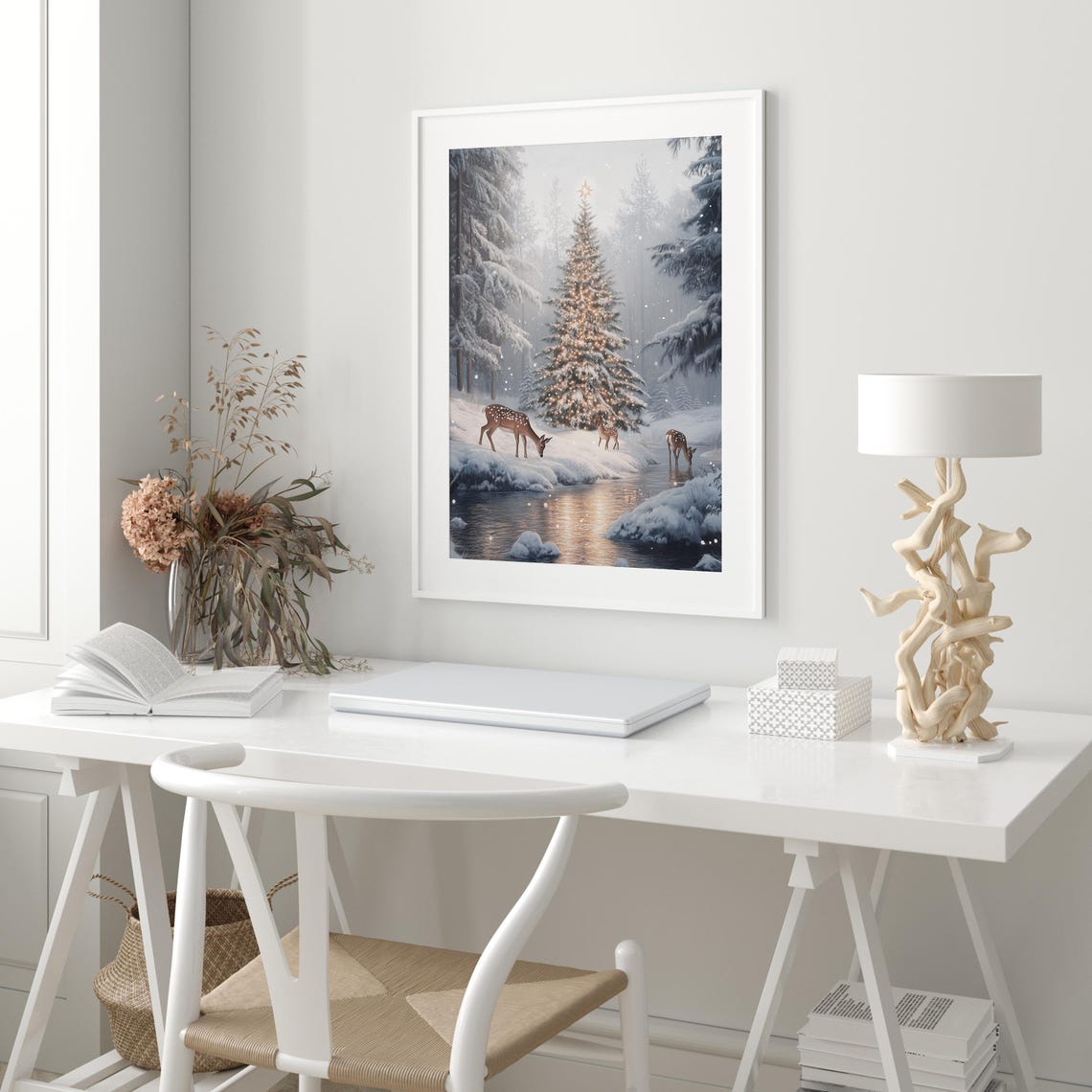 Three Deer Snowy Stream Glowing Christmas Tree Winter Poster - Image 2