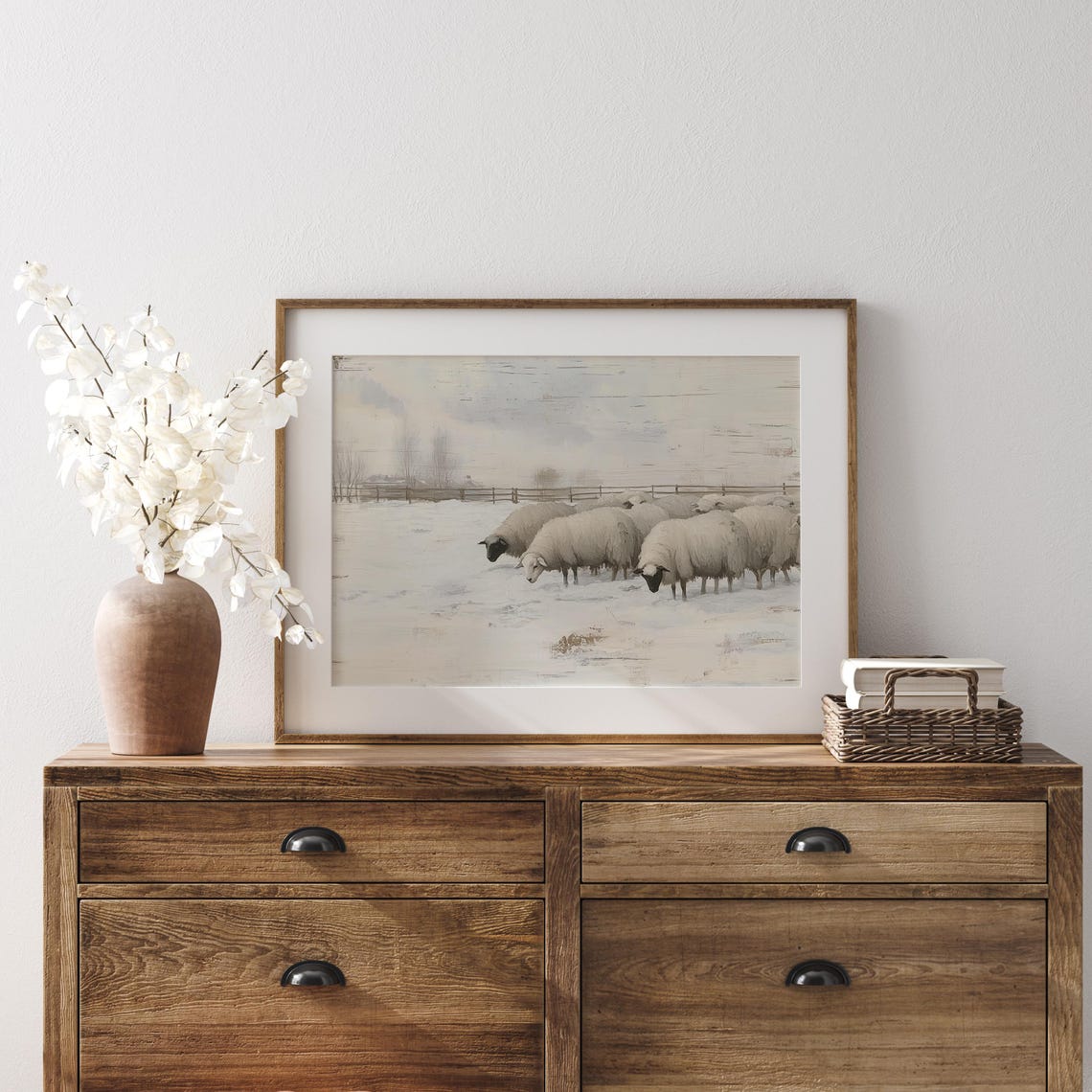 Flock of Sheep Grazing in Snowy Field Winter Painting Poster - Image 4