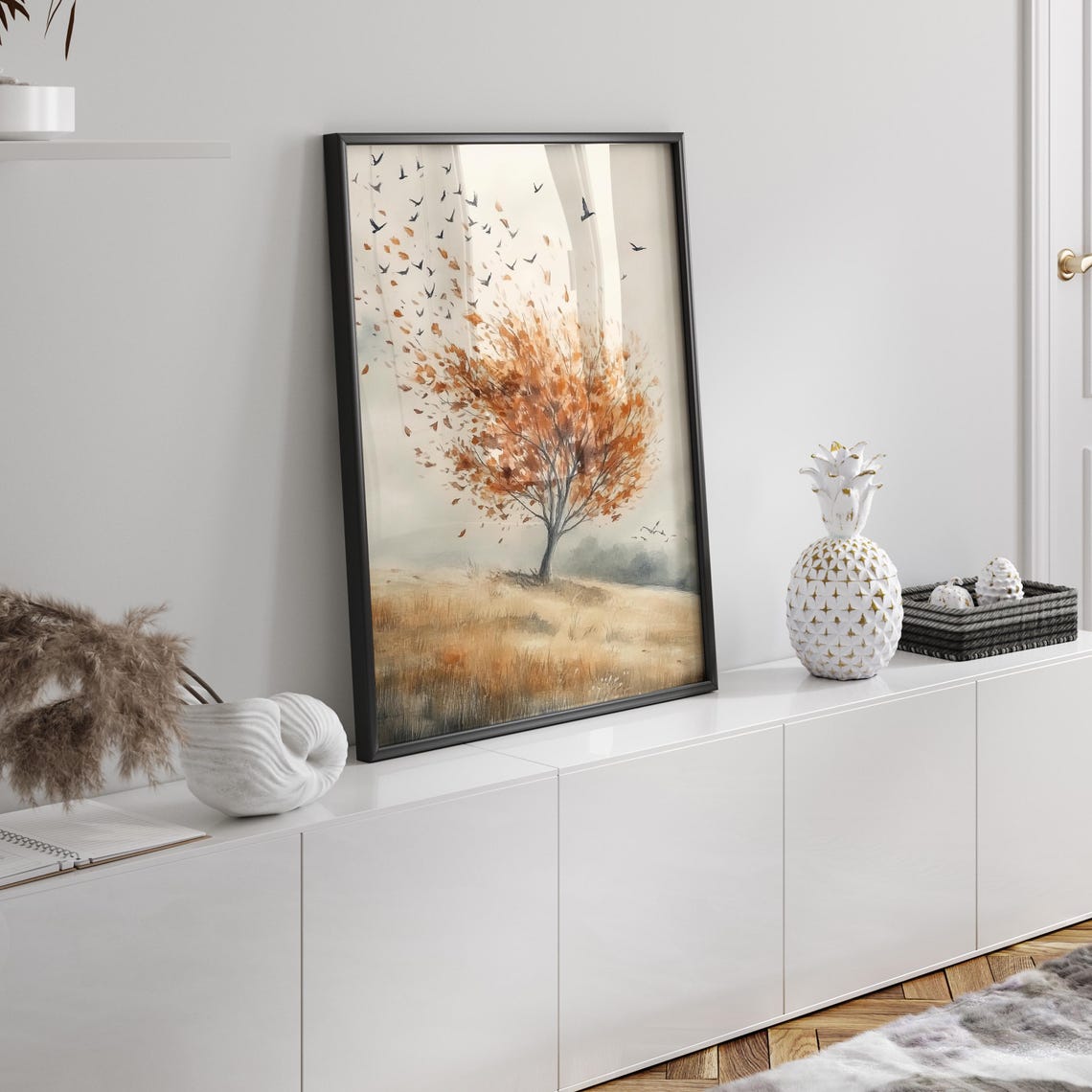 Autumn Tree Shedding Copper Leaves as Birds Take Flight Poster - Image 2