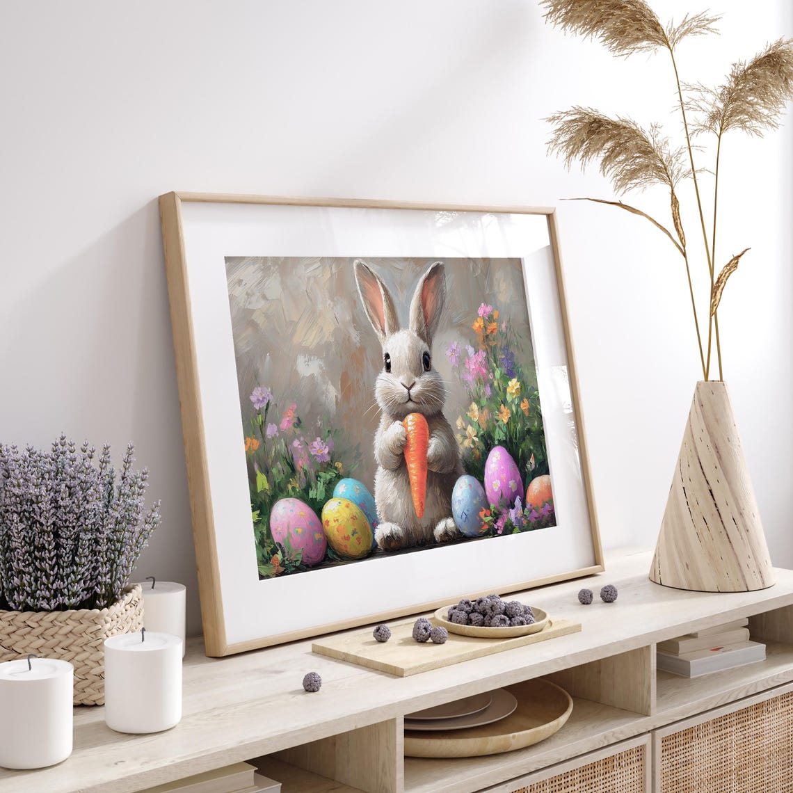 White Bunny Holding A Bright Carrot Beside Easter Eggs Poster - Image 4