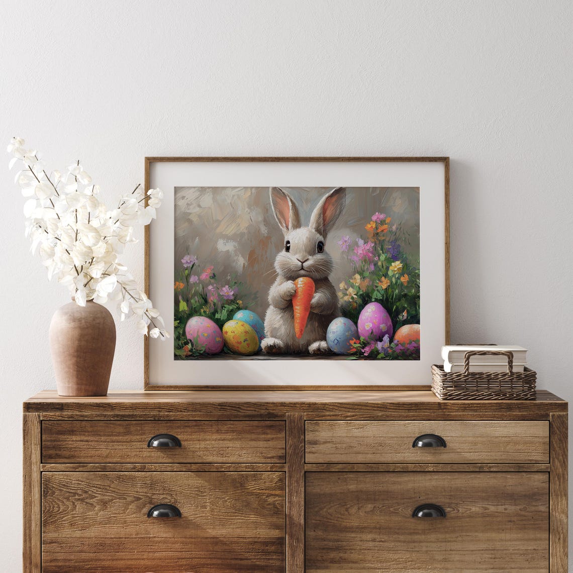 White Bunny Holding A Bright Carrot Beside Easter Eggs Poster - Image 3