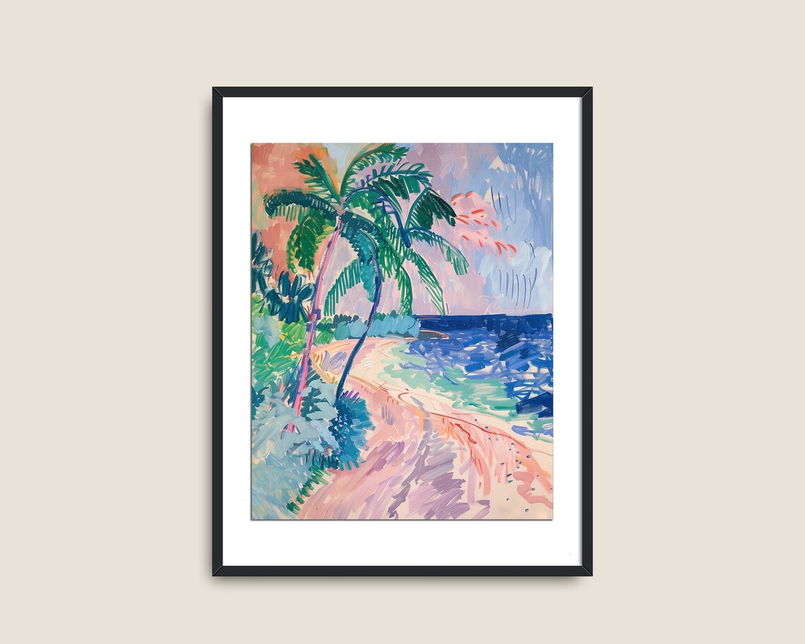 Pink Tropical Beach Palm Trees Pastel Summer Island Coastal Art Travel Poster - Image 2