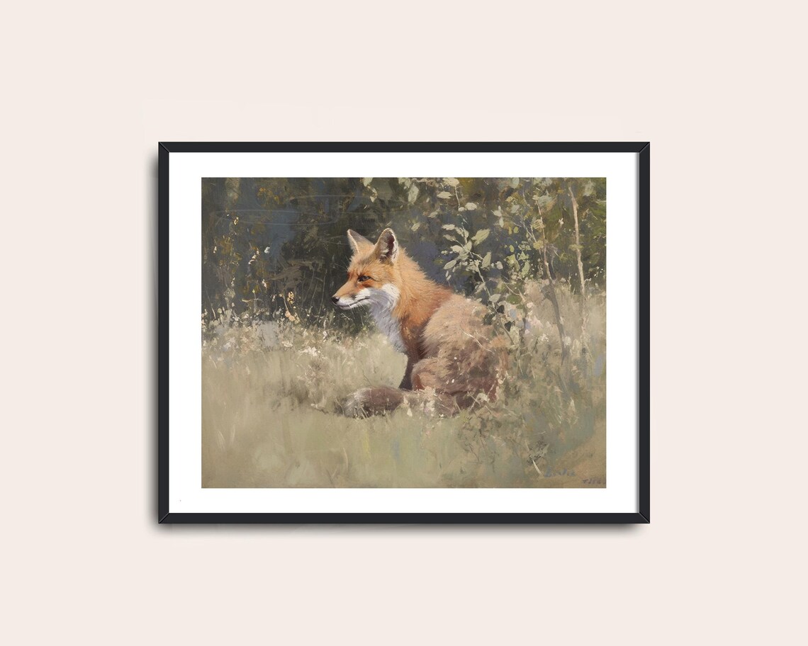 Red Fox Sitting Meadow Realistic Wildlife Painting Vintage Animal Nature Poster - Image 2