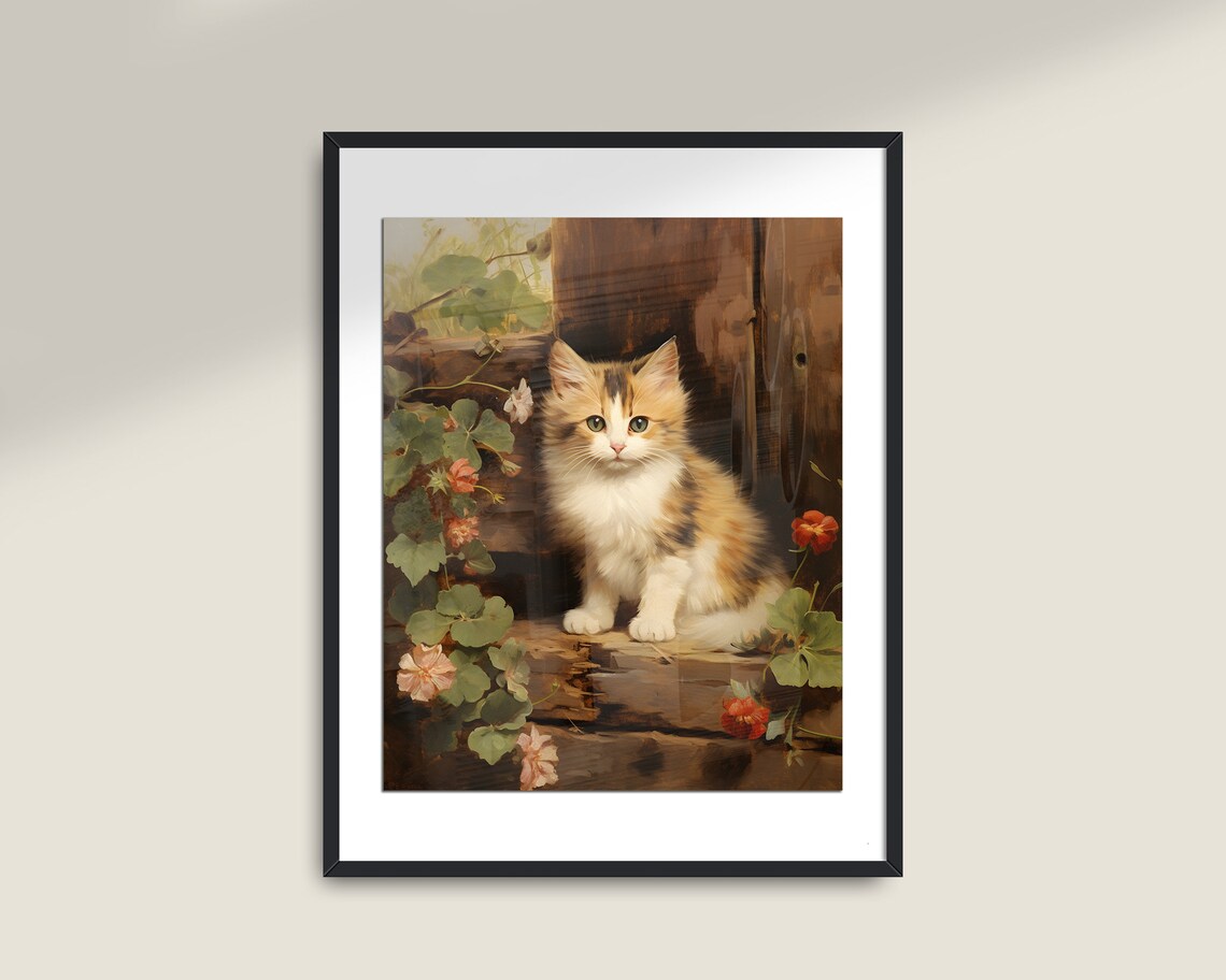 Vintage Kitten Painting Cute Fluffy Cat Among Flowers Antique Nursery Poster - Image 2