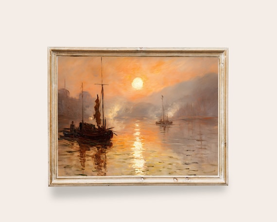Vintage Sunset River Boats Landscape Art Print