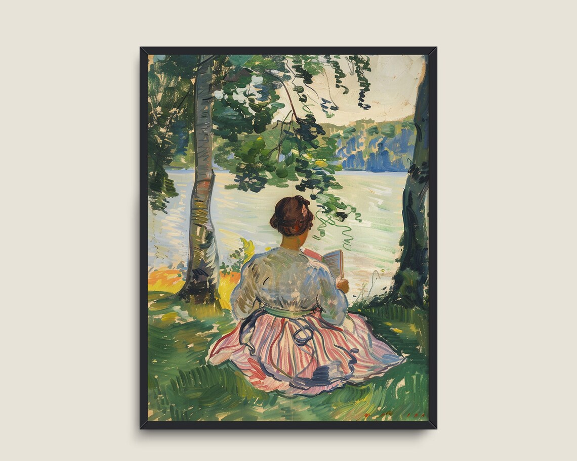 Woman Reading Book Lakeside Vintage Expressionist Painting Quiet Summer Art Print - Image 3