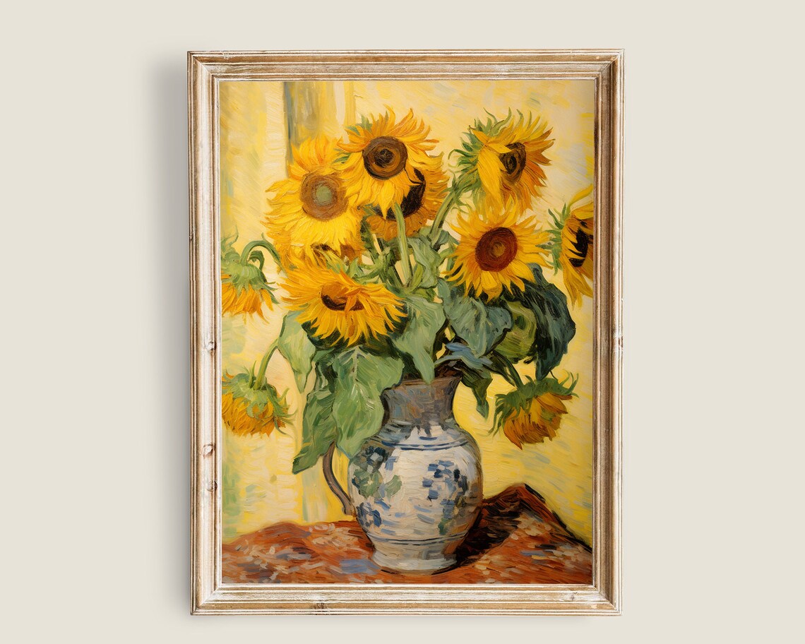 Vintage Sunflower Painting, Farmhouse Art Print
