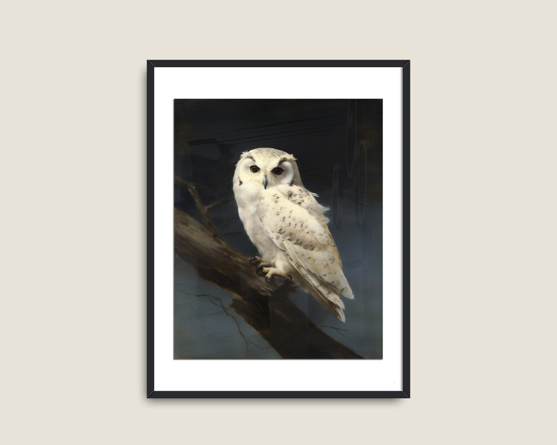 White Owl Perched on Branch Dark Moody Wildlife Painting Poster - Image 2