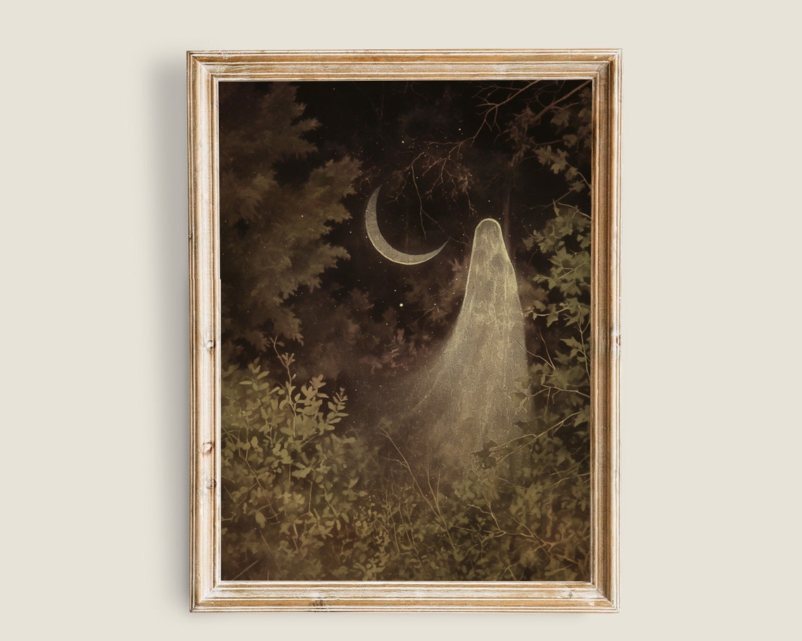 Ghostly Veiled Figure Night Forest Crescent Moon Occult Wall Art