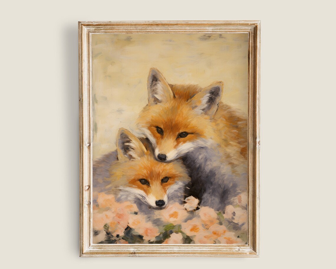 Two Red Foxes Cuddling Soft Vintage Animal Painting Among Pink Blossoms Poster