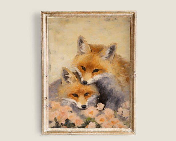 Two Red Foxes Cuddling Soft Vintage Animal Painting Among Pink Blossoms Poster