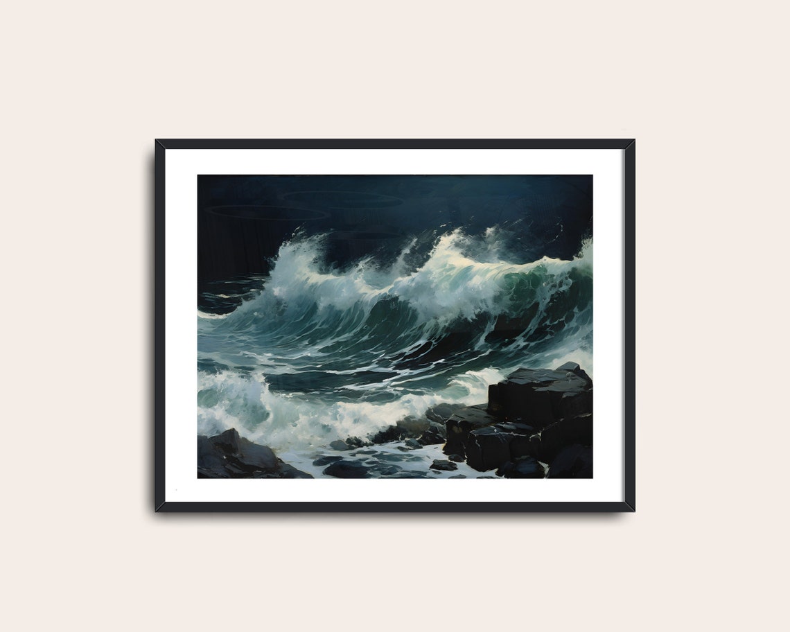 Dramatic Night Ocean Wave Crashing Rocks Dark Seascape Poster - Image 2