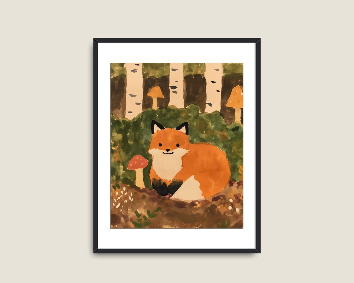 Cute Fox Birch Forest Watercolor Mushroom Woodland Nursery Kids Wall Art - Image 2