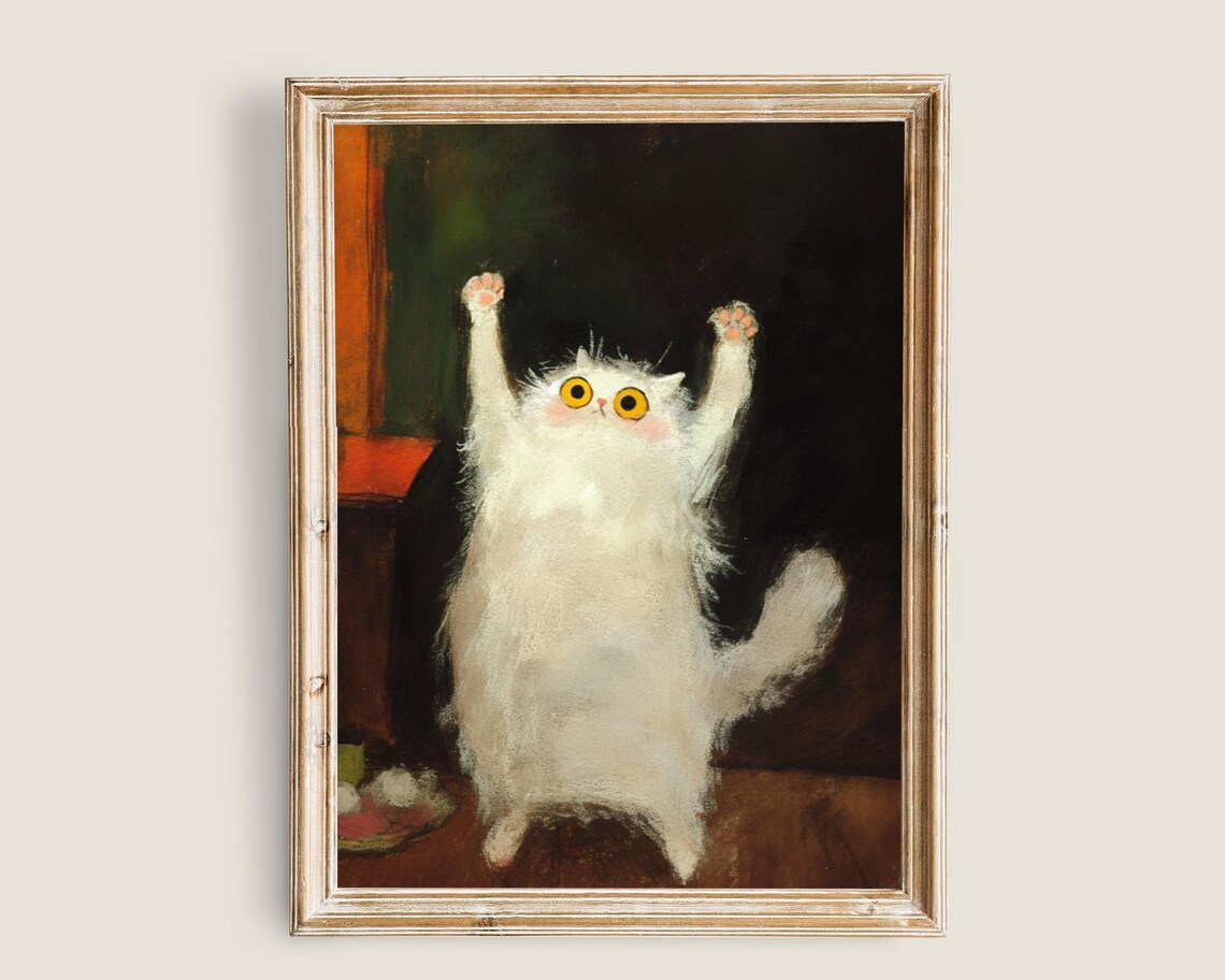 Funny White Cat Standing Paws Up Silly Fluffy Kitten Painting Cute Art Poster