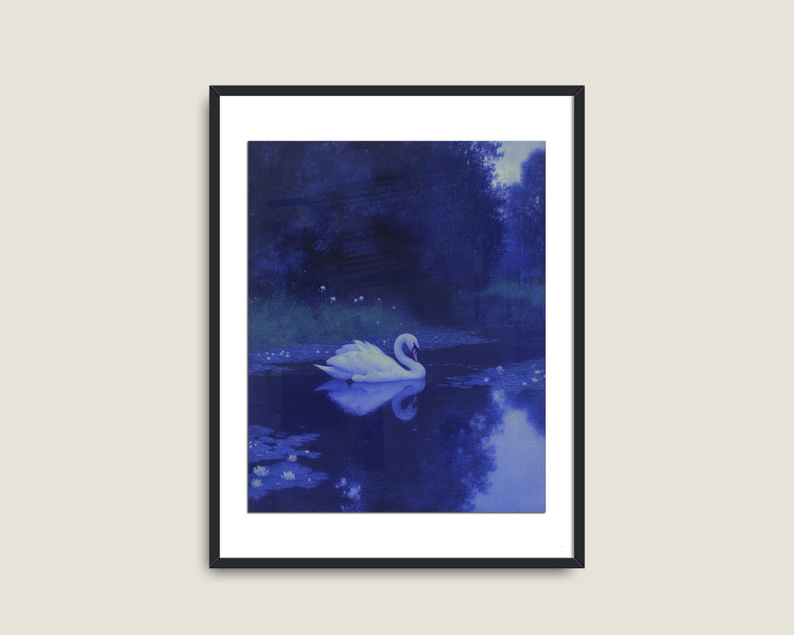 White Swan Moonlit Blue Lake Night Reflection Romantic Wall Art Poster - Image 2