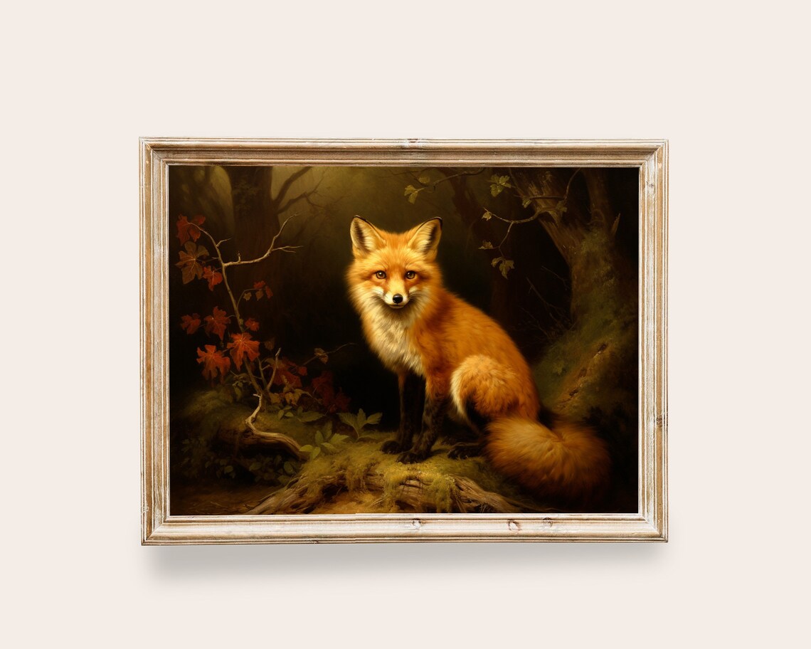 Red Fox Vintage Dark Forest Oil Painting Moody Wildlife Art Print Poster