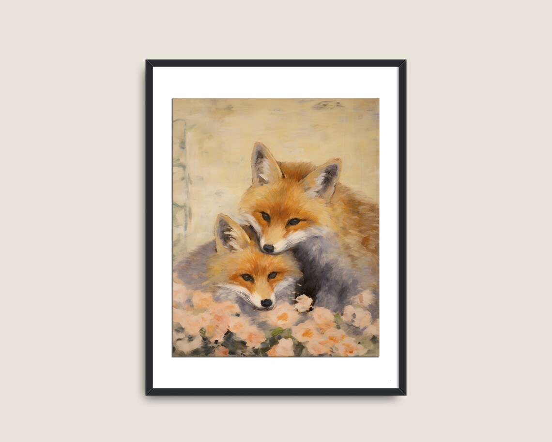 Two Red Foxes Cuddling Soft Vintage Animal Painting Among Pink Blossoms Poster - Image 2