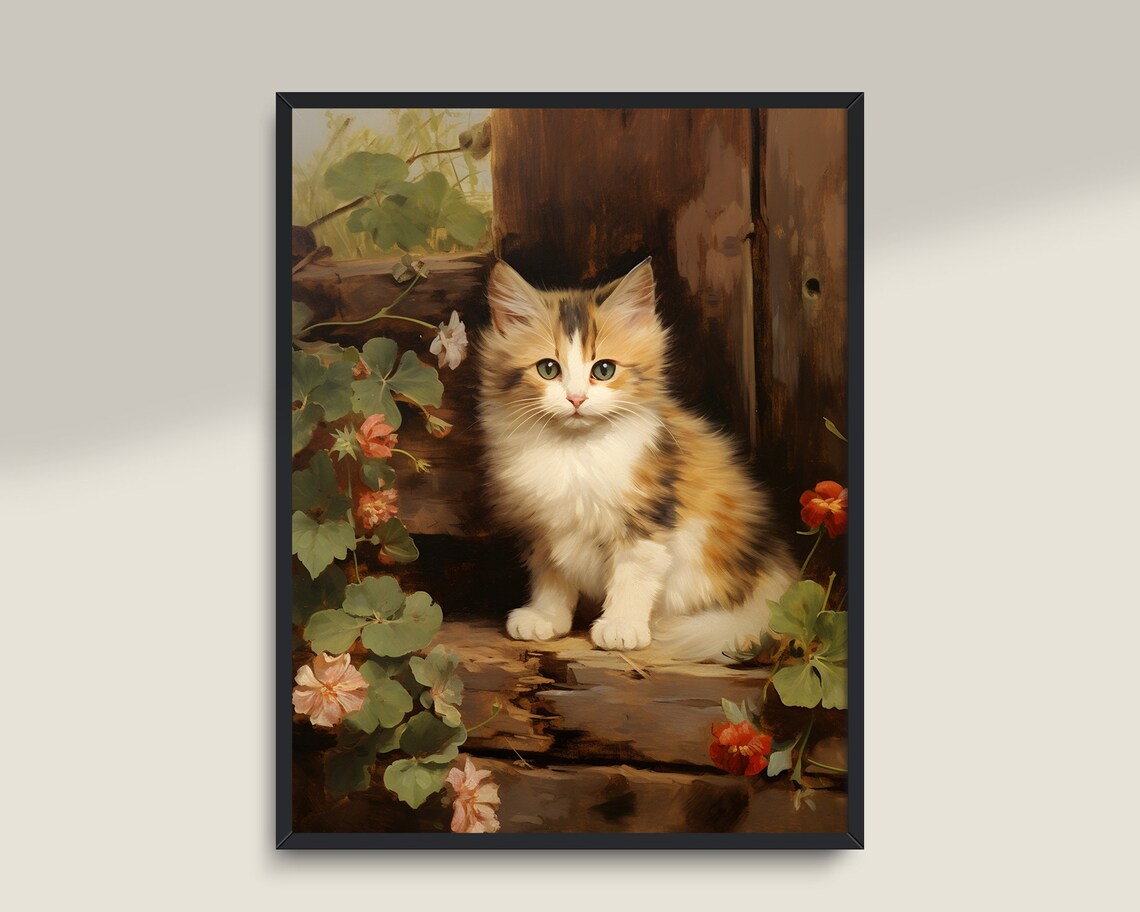 Vintage Kitten Painting Cute Fluffy Cat Among Flowers Antique Nursery Poster - Image 3