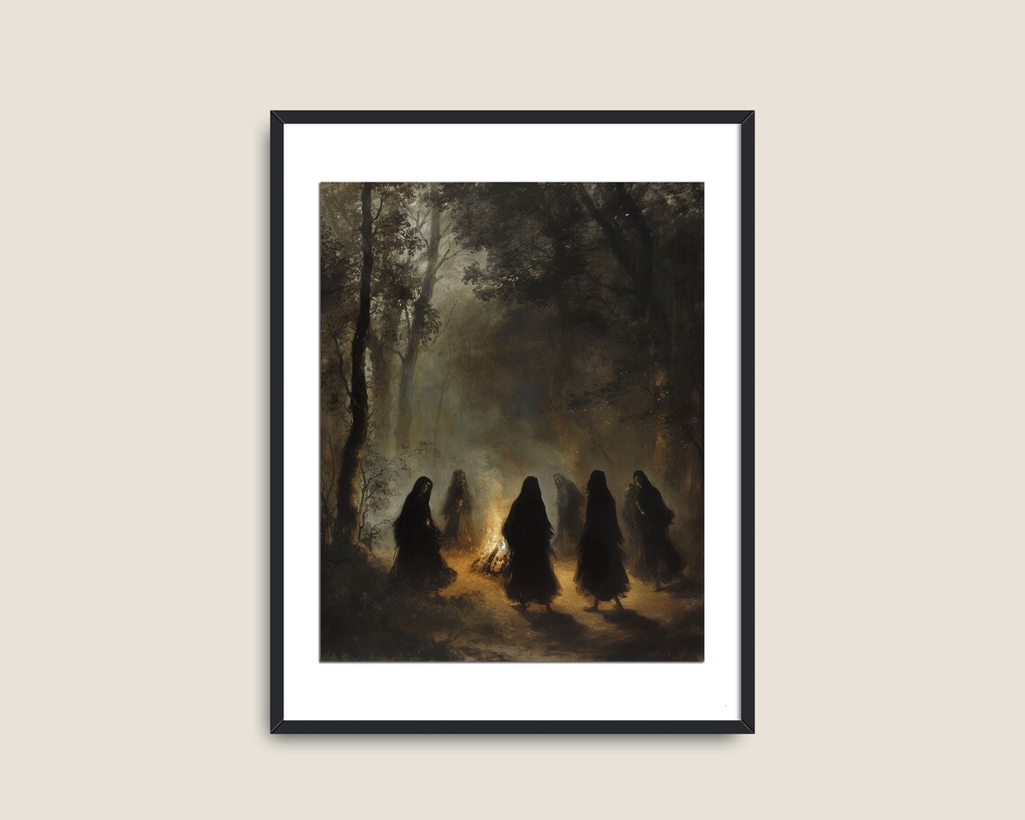 Hooded Witches Campfire Night Forest Dark Occult Magic Wall Art - Image 2