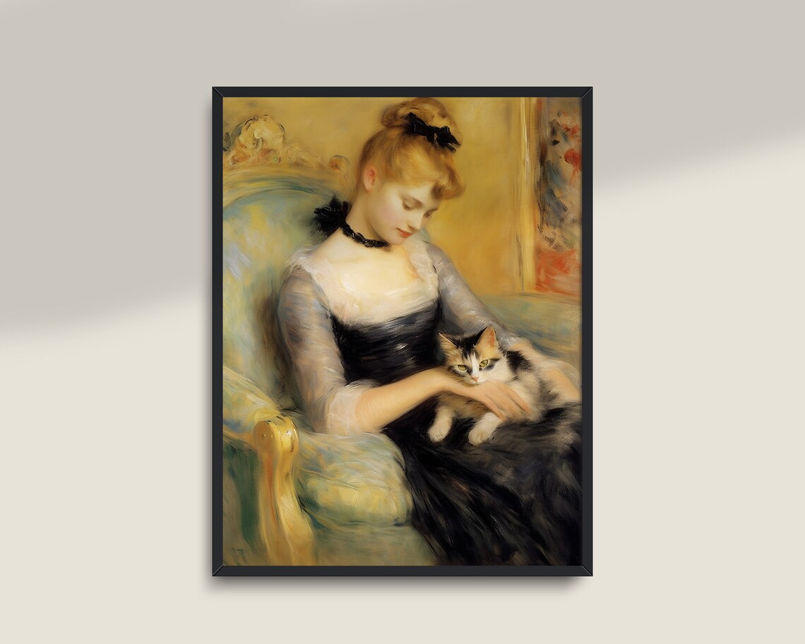 Woman With Cat Vintage Painting, Light Academia Art Print - Image 3