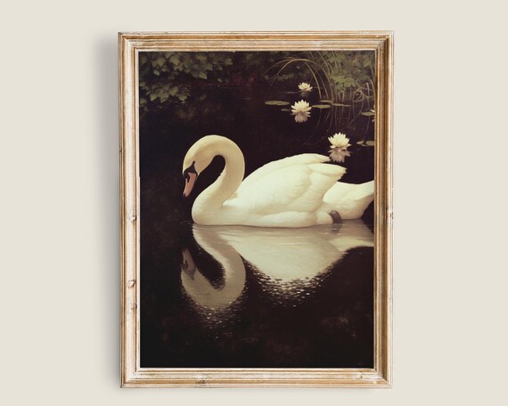 Vintage Swan Print Swam On A Lake Vintage Moody Landscape Painting Dark Cottagecore Victorian Goth Print